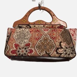 Elegant Patterned Clutch with Wooden Handle